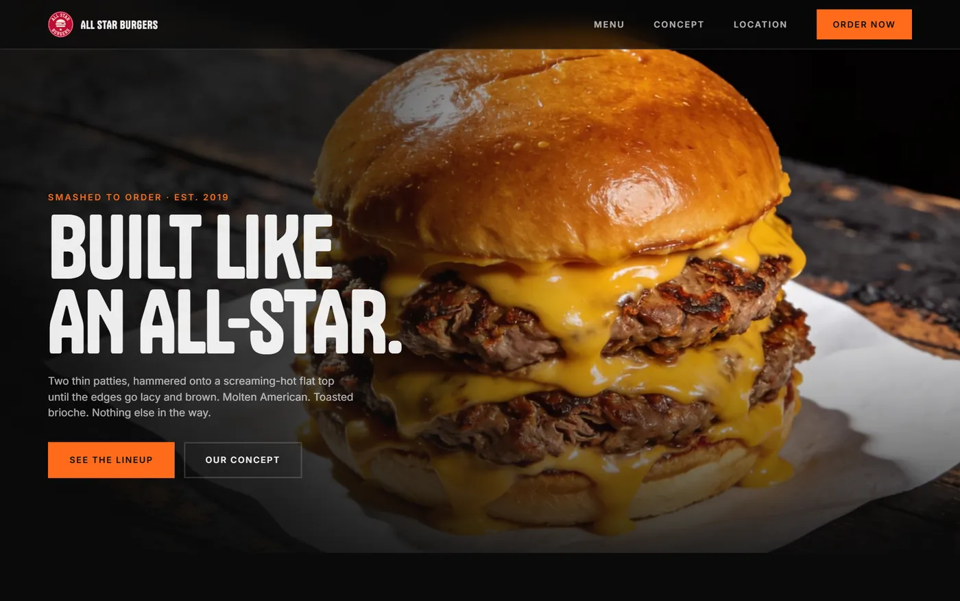 All Star Burgers home page with a full-screen burger