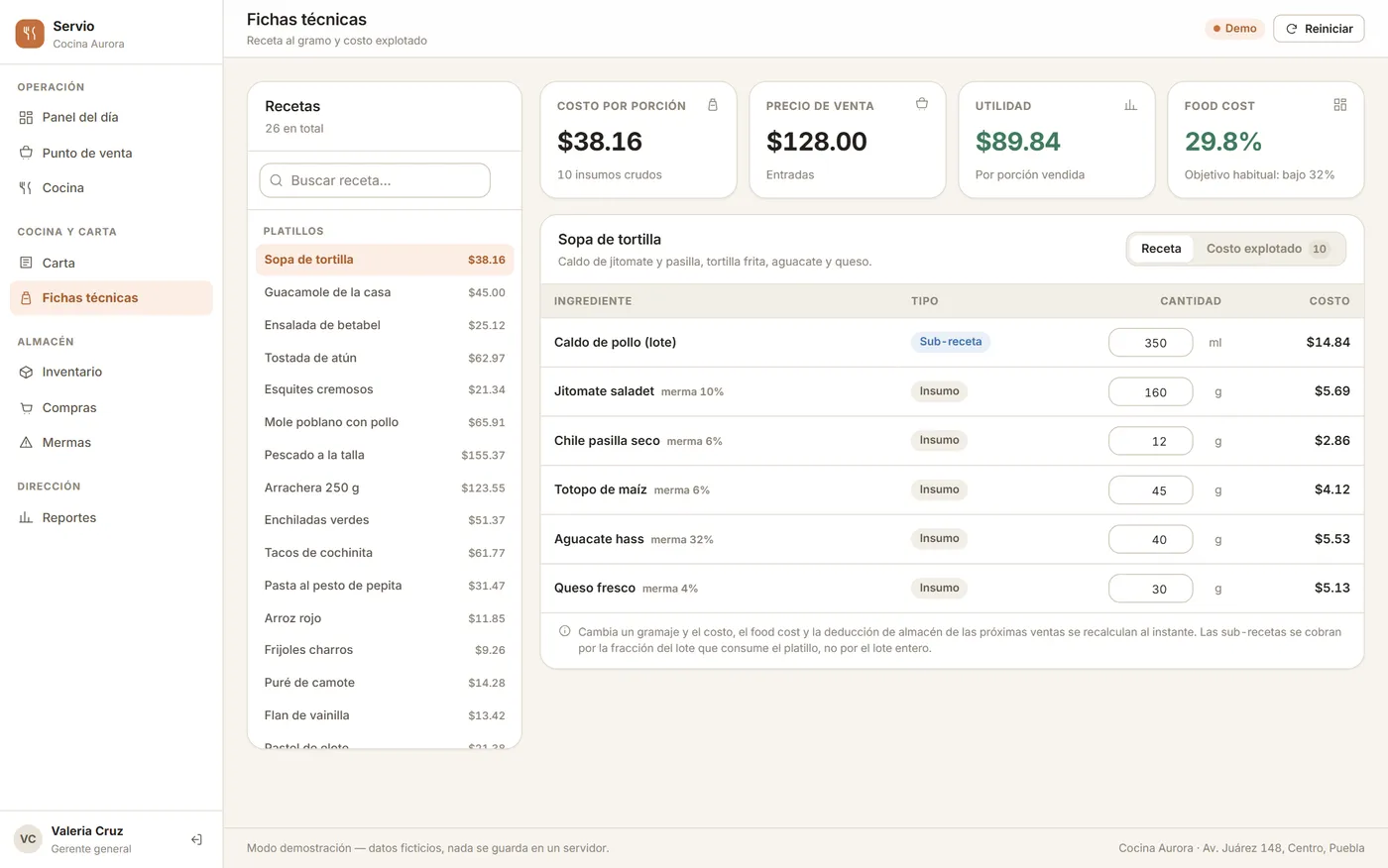 A soup's spec sheet: cost per portion, food cost and the ingredient table with its waste and a sub-recipe.