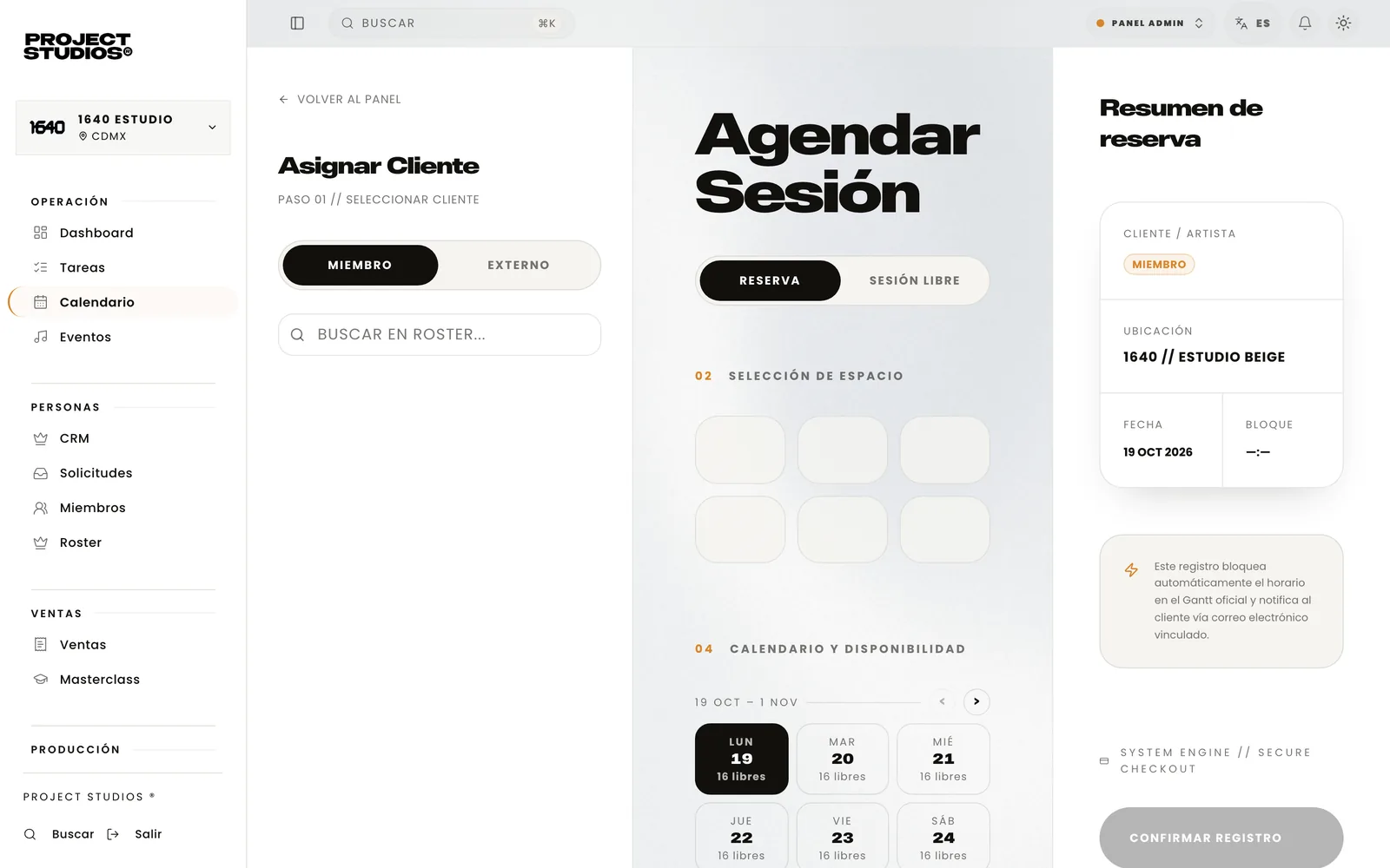 Pantalla para agendar una sesión: cliente, sala, día y resumen de la reserva
