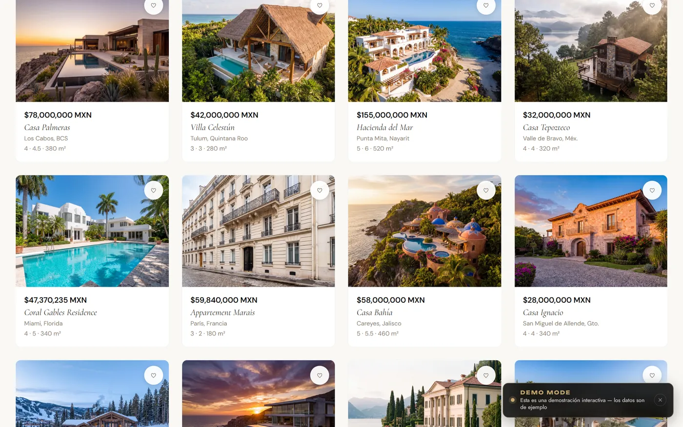 Property catalog with price in pesos, location, bedrooms and square meters.